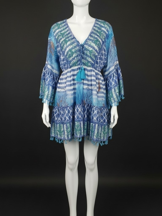 Dresses & Skirts - Boho V-Neck Tassel Mini Dress in Blue